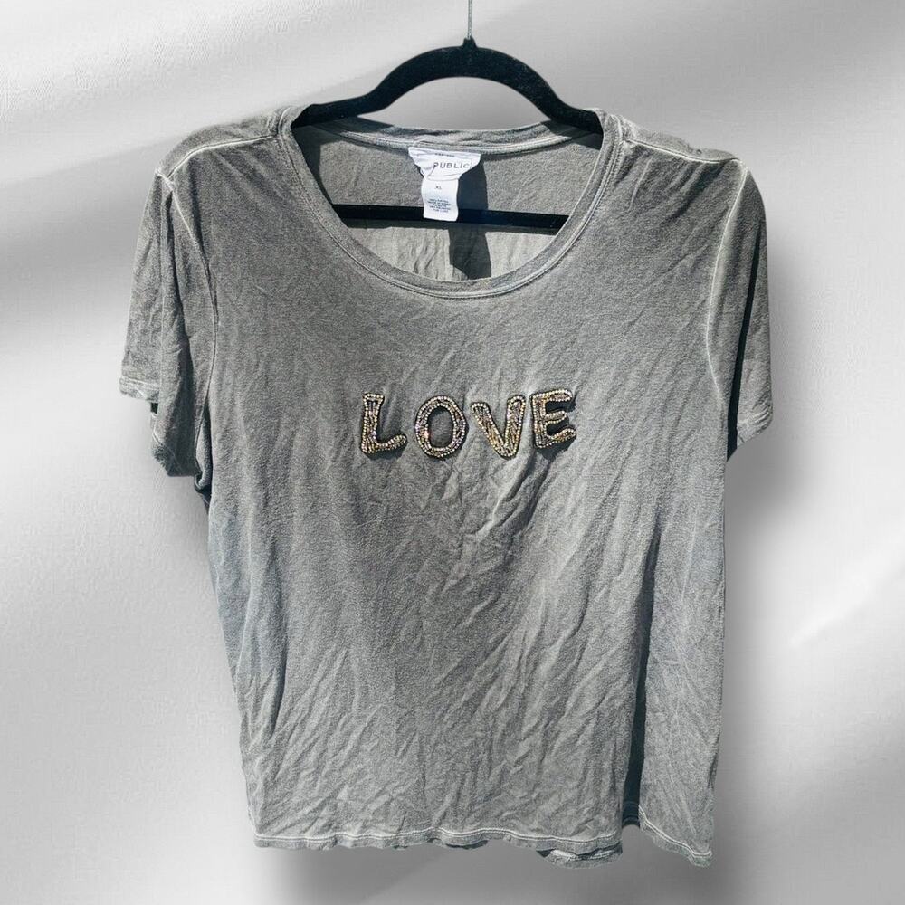 For The Republic Gray Heathered Rayon T-Shirt XL LOVE Rhinestone Accent Sparkly